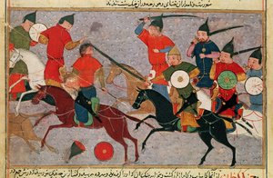 Ms Pers.113 f.49 Genghis Khan (c.1162-1227) i Battle, från en bok av Rashid-al-Din (1247-1318) (gouache)