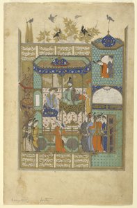 Nushirvan intervjuar inkräktaren till sitt harem, ca 1600 av Persian School