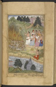 Or.12076 f.130v Arjuna bränner kropparna efter striden mellan Andhakas och Yadavas vid Prabhasa på Gujarats kust. Ghee hälls på begravningsbålet (Narayan) från Razmnāmah (