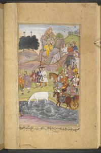 Or.12076 f.7v Upptäckten av hästen, Syamakarna, av Bhima som sitter på berget ovanför staden Bhadravati och tittar på soldaterna från Raja Yauvanasvas armé. (Narayan Khurd) från 