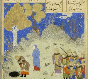 Persiska 239 fol.180a Detalj: Rustam räddar B?zhan från gropen, illustration från Shahnama (Kungarnas bok), av Abul-Qasim Mansur Firdawsi (c.934-c.1020), 1444 av Persian School