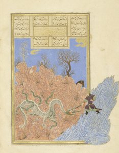 Persiska 239 fol.250b Gusht?sp dräper draken, illustration från Shahnama (Kungarnas bok), av Abul-Qasim Mansur Firdawsi (c.934-c.1020), 1444 av Persian School