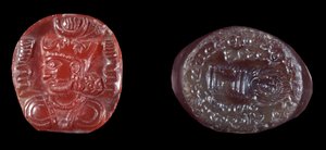 Persisk konst: kamé av Kavadh I (eller Qobad, Kobad, Kabad) (488-496 e.Kr.) kung av det andra persiska imperiet och agatstämpel från sassanidperioden. 5:e eller 6:e århundradet e.Kr. Paris, B.N. av Persian School