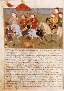 Representation av Houlagou Khan, barnbarn till Genghis Khan ridning. Persisk miniatyr hämtad från Jami al-Tawarikh” (Jami al tawarikh) eller ””Universell historia”” av historikern Rashid al-din (al din) (1247-1318) Omkring 1430. Paris, B.N. av Persian School