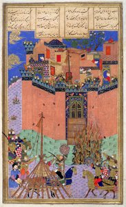 Rustam Directing The Siege of Gang Bihisht, illustration från Shahnama (Kungarnas bok), av Abul-Qasim Manur Firdawsi (c.934-c.1020) c.1440-45 (penna, bläck & wc på veläng) av Persian School
