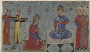 Sindukht före Sam (ogenomskinlig akvarell, bläck och guld på papper) av Persian School