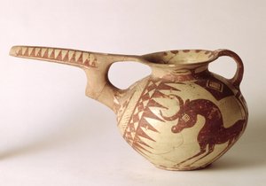 Utsprutat kärl med dekorativa mönster som symboliserar solen och månen, från Sialk, Iran, 1:a årtusendet f.Kr. (lera) av Persian School