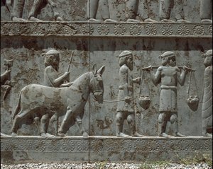 Undergivna folk ger gåvor till Darius I. Reliefer av den östra trappan i Apadana, 600-talet f.Kr. av Persian School