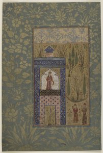Två ungdomar före en prinsessa vid ett fönster, ca 1417-18 (ogenomskinlig akvarell och guld på papper) av Persian School