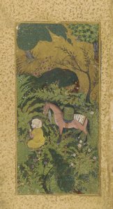 Väntande brudgum med häst i trädbevuxen lund, troligen Tabriz, turkomanska dynastin, ca 1500 (ogenomskinlig akvarell och guld på papper) av Persian School
