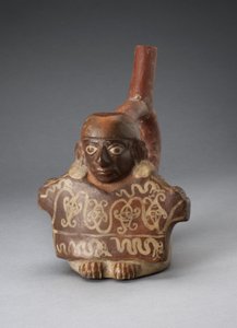 Stigbygelpipskärl föreställande man som håller dekorerad textil, 100 BC-AD 500 av Peruvian School