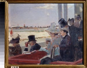 Hästkapplöpning (hästkapplöpning). Åskådarna sitter på läktaren och tittar på ridtävlingen. Målning av Pyotr Alexandrovich Nilus (Pierre Nilous) (Nilouss) (1869-1940/1943), olja på trä