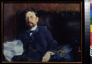 Porträtt av författaren Anton Tjechov (1860-1904) (Porträtt av författaren A. Tjechov). Målning av Pyotr Alexandrovich Nilus (Pierre Nilous) (Nilouss) (1869-1940/1943), olja på duk