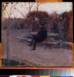 På boulevarden (på boulevarden). En man ensam, sittande på en bänk i kylan, nära honom, en ryggsäck och en verktygslåda. Målning av Pyotr Alexandrovich Nilus (Pierre Nilous) (Nilouss) (1869-1940/1943), olja på duk