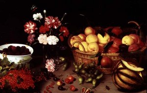 Stilleben av blommor och frukt