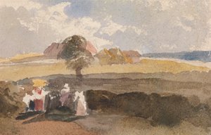 Landskapsskiss med figurer i förgrunden av Peter DeWint