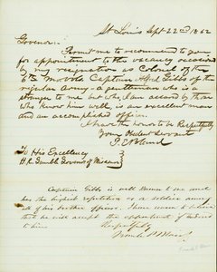 Letter signed P.E. Bland, St. Louis, to H.R. Gamble, Governor of Missouri, September 22, 1862 av Peter E. Bland