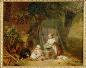 Die Puppenwaesche im Garten - Dockans tvättstuga i trädgården ... (olja på trä) av Peter Fendi