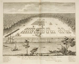 A View of Savannah som den stod den 29 mars 1734, graverad av P. Fourdrinier, London, ca 1735 (gravyr) av Peter Gordon