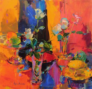 Stilleben bord med rosor och frukt av Peter Graham (Contemporary)