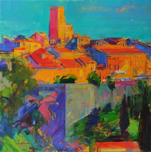 Saint-Paul de Vence, Golden Light, 2022 (olja på duk) av Peter Graham