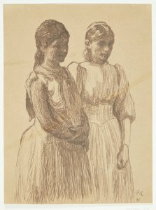 Två unga flickor. Studie till målningen "Bal i en provinsstad" (Göteborgs konstmuseum) av Peter Hansen