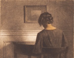 Ung flicka vid ett halvcirkelformat bord av Peter Vilhelm Ilsted