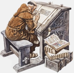 En munk vid sitt skrivbord i ett scriptorium (gouache på papper) av Peter Jackson