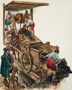 En räknare noterar hur många lass kol som lämnar gruvan medan en gruvarbetare fyller en vagn och andra hissar upp mer till ytan (gouache på papper) av Peter Jackson