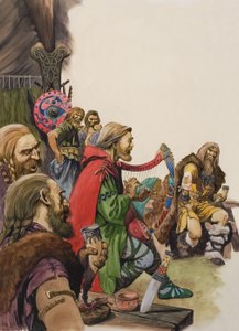Alfred (849-899) förklädd till trubadur i kung Guthrums läger (gouache på papper) av Peter Jackson
