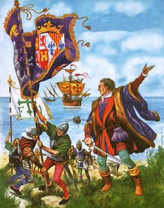 Christopher Columbus planterar den spanska kungliga standarden på det nyfunna landet Amerika av Peter Jackson