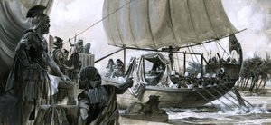 Kleopatra i sin pråm (gouache på papper) av Peter Jackson