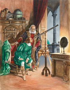 Galileo, som nu är blind, låter en vän titta på stjärnorna genom teleskopet från balkongen i sitt arbetsrum i Pisa. av Peter Jackson