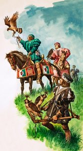 Kung Henrik VII släpper sin falk under jakt (gouache på papper) av Peter Jackson
