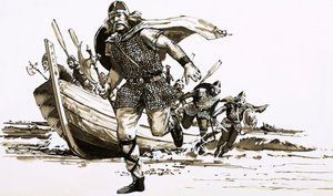 Kung Vortigern tog med två barbarhövdingar - Hengest och Horsa - till Storbritannien (gouache på papper) av Peter Jackson