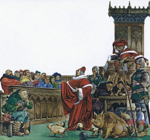 Medeltida domstol där djur ställdes inför rätta (färg litho) av Peter Jackson