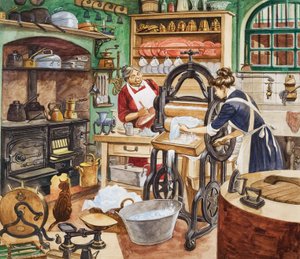 Nineteenth Century Kitchen (gouache på papper) av Peter Jackson