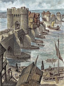 Rekonstruktion som visar Old London Bridge några år efter att den byggdes, med utsikt mot nordväst