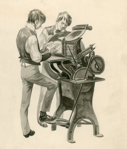 Bröderna Wright som pojkar, målade sin tidning som heter The Midget. Originalkonstverk för Treasure av Peter Jackson