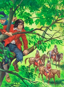 Den blivande kungen Karl II gömmer sig i Boscobel eken (gouache på papper) av Peter Jackson