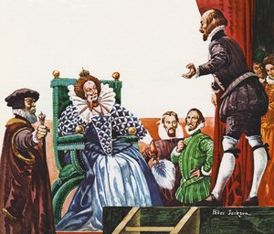 William Shakespeare presenterar en av sina pjäser för drottning Elizabeth I
