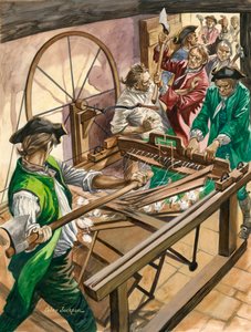 Arbetare attackerar James Hargreaves hem i Blackburn för att förstöra hans uppfinning, Spinning Jenny av Peter Jackson