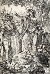Germanicus kampanjer: "" Nero Claudius Drusus Germanicus (38-9 f.Kr.) och hans armé möter en ung kvinna i regionerna mellan Weser- och Elbefloderna, omkring 12 f.Kr." (Erövringen av Germanien: romangeneralen Nero Claudius Drusus Germanicus och hans armén n av Peter Johann Nepomuck Geiger