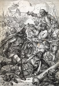 Great Northern War: "" Slaget vid Poltava (eller Pultawa) mellan Armee av Peter I av Ryssland och trupperna från Karl XII av Sverige, 8/07/1709"" (Great Northern War: Battle of Poltava, 8 juli 1709 ) Fjäderteckning från "" Historische Memorabilian des