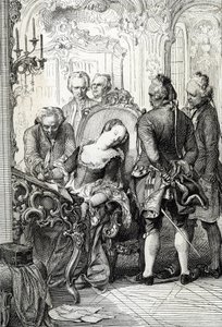 Drottning Caroline Mathilde (Caroline-Mathilde) av Danmark (1751-1775) tvingades underteckna skilsmässodokumenten efter sitt utomäktenskapliga äventyr 1772 (Danmarks drottning Caroline Matilda undertecknade skilsmässopapperen i april 1772 för äktenskapsbro