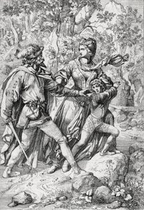 Drottning av England Margareta av Anjou (1430-1482) och hennes son Edward räddade av en rånare under deras flykt efter yorkisternas triumf