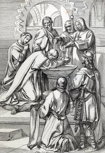 Representation av Saint Augustine of Canterbury (död 604), skickad till England av påven Gregoire den store 596 för att omvända anglosaxarna - Han är här inför Ethelbert, anglosaxisk kung av Kent (552? -616) som han döpte i 597 (Augustin, förste biskop o av Peter Johann Nepomuck Geiger