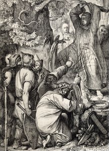 Representation av Sankt Bonifatius av Mainz (680-754) som hugger ner Thors ek för att övertyga druiderna att det inte är ett heligt träd (Saint Boniface (Bonifacius) som förstör Thors ek (Donar eller Joves ek) av de germanska hedningarnas heliga träd, att 