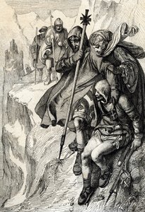 Kungen av romarna Henrik IV passerar passet av berget Cenis för att korsa Alperna och gå till grevinnan Mathilde av Toscana till Canossa där påven Gregoire VII, januari 1077” (Henry IV korsade Alperna genom Mont Cenis-passet för att nå slottet Canossa och av Peter Johann Nepomuck Geiger