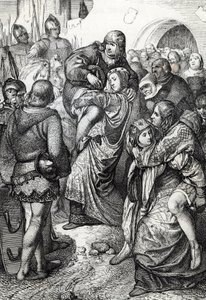De trogna kvinnorna i Weinsberg (Treue Weiber von Weinsberg): soldaternas fruar som besegrades vid belägringen av Weinsberg av Conrad III av Hohenstaufen 1140 bär sina män på ryggen, Tyskland (De lojala fruarna under belägringen av Weinsberg